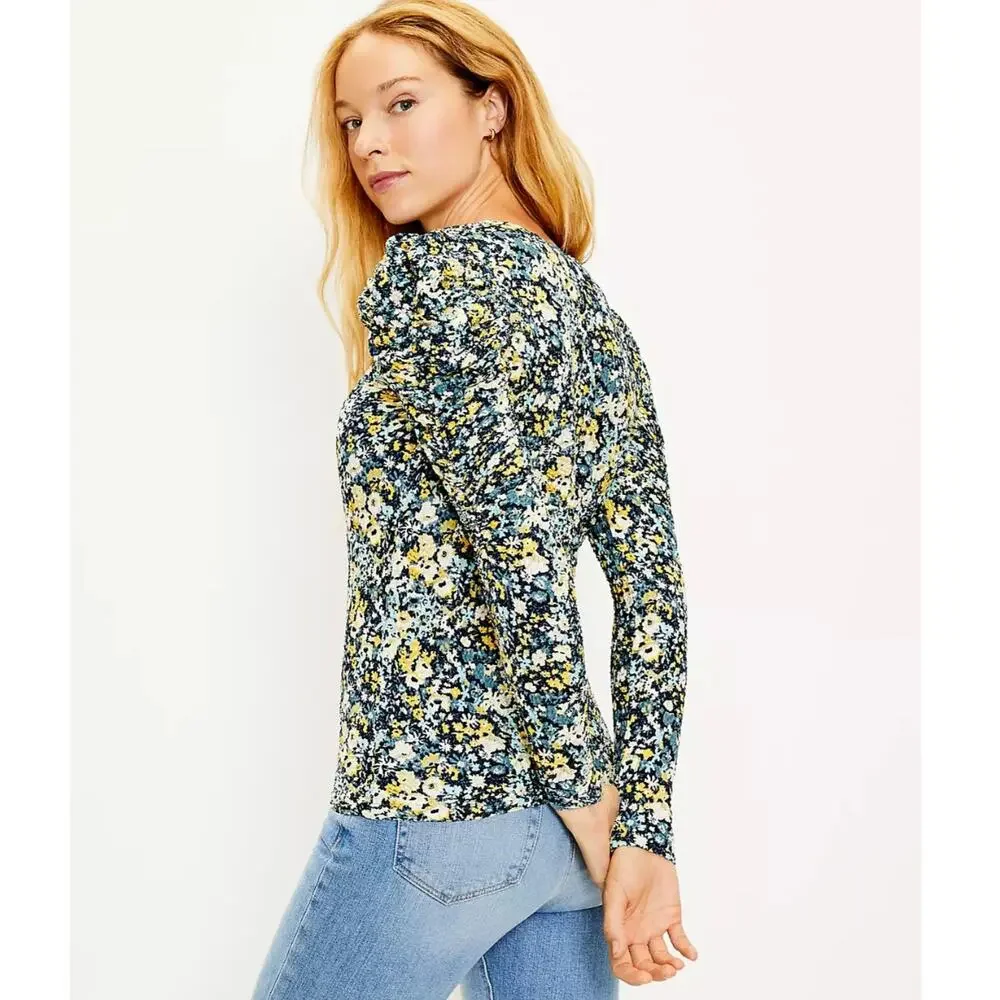 LOFT  Floral Shirred Puff Sleeve Long Sleeve Blouse Top // S